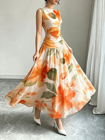 Modelyn Orange Floral Print V-Neck Sleeveless Maxi Dress, Women's Fashion Ruched Waist Long Chiffon Dress, Floral Pattern Apricot Chiffon Maxi Dress, Summer Vacation & Elegant Daily Wear