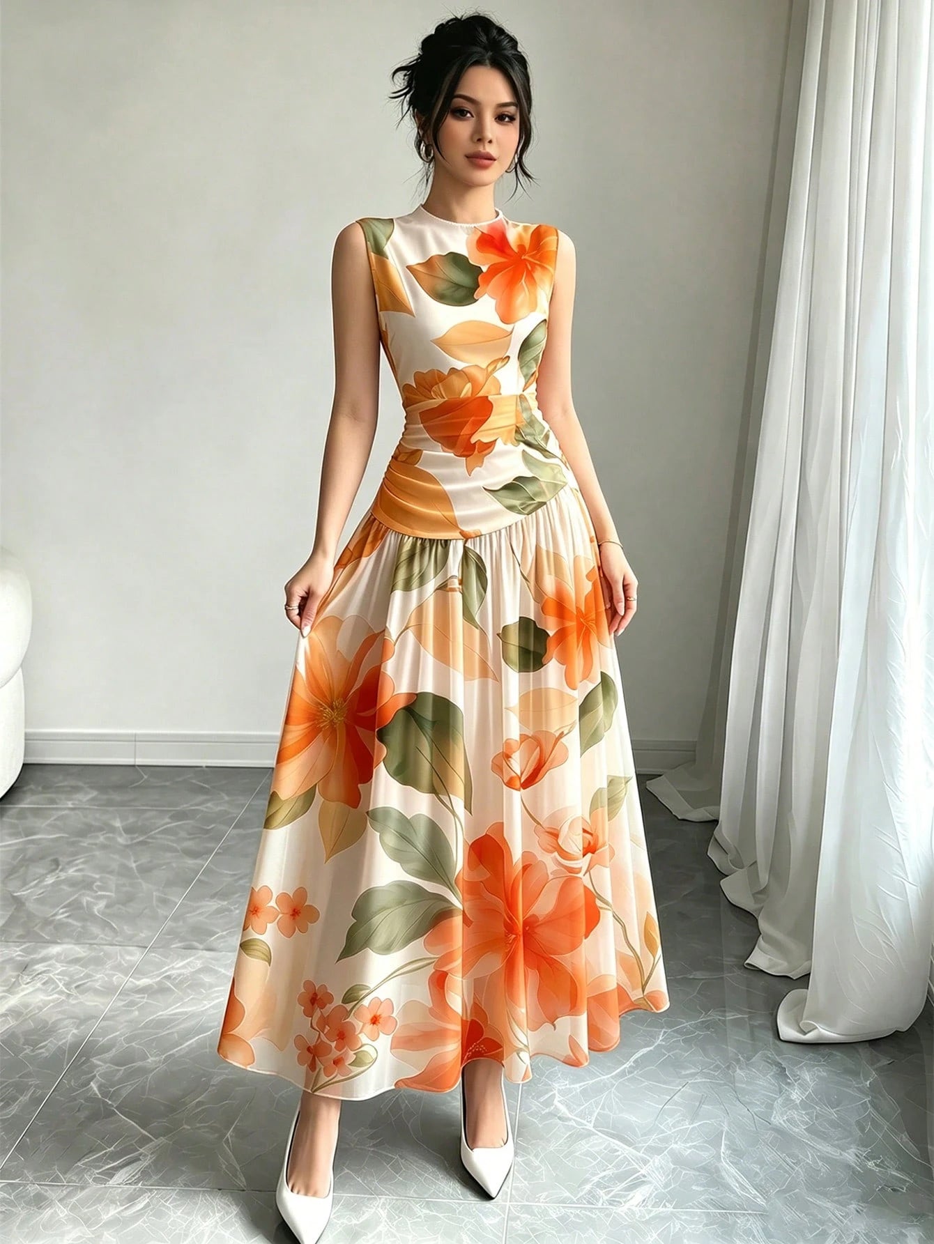 Modelyn Orange Floral Print V-Neck Sleeveless Maxi Dress, Women's Fashion Ruched Waist Long Chiffon Dress, Floral Pattern Apricot Chiffon Maxi Dress, Summer Vacation & Elegant Daily Wear