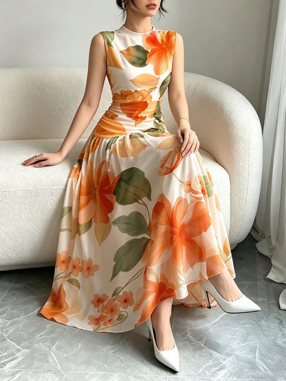 Modelyn Orange Floral Print V-Neck Sleeveless Maxi Dress, Women's Fashion Ruched Waist Long Chiffon Dress, Floral Pattern Apricot Chiffon Maxi Dress, Summer Vacation & Elegant Daily Wear