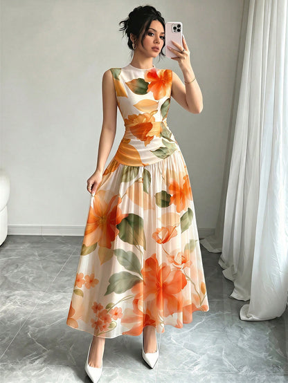 Modelyn Orange Floral Print V-Neck Sleeveless Maxi Dress, Women's Fashion Ruched Waist Long Chiffon Dress, Floral Pattern Apricot Chiffon Maxi Dress, Summer Vacation & Elegant Daily Wear