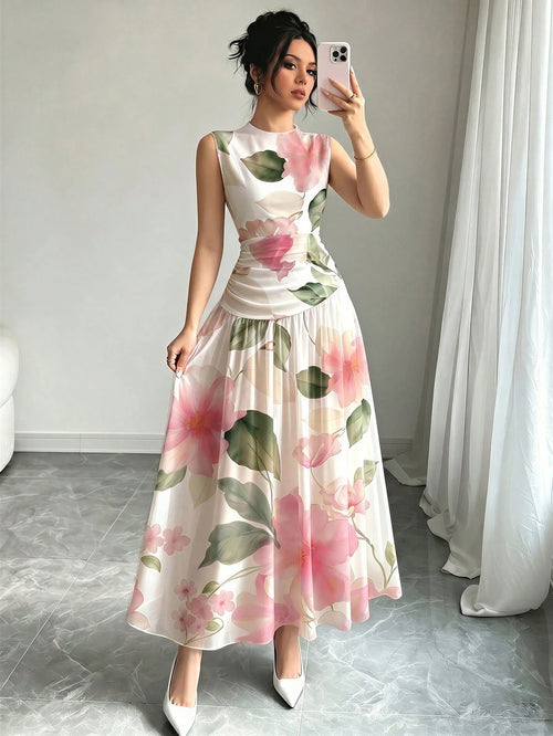 Modelyn Pink Floral Print French Style Sleeveless Maxi Dress, Women's Fashion Low-Cut Waist Cinched Long Dress, Ruched Waist Design, White Chiffon Floral Dress, Summer Vacation Outfit, Elegant Daily W
