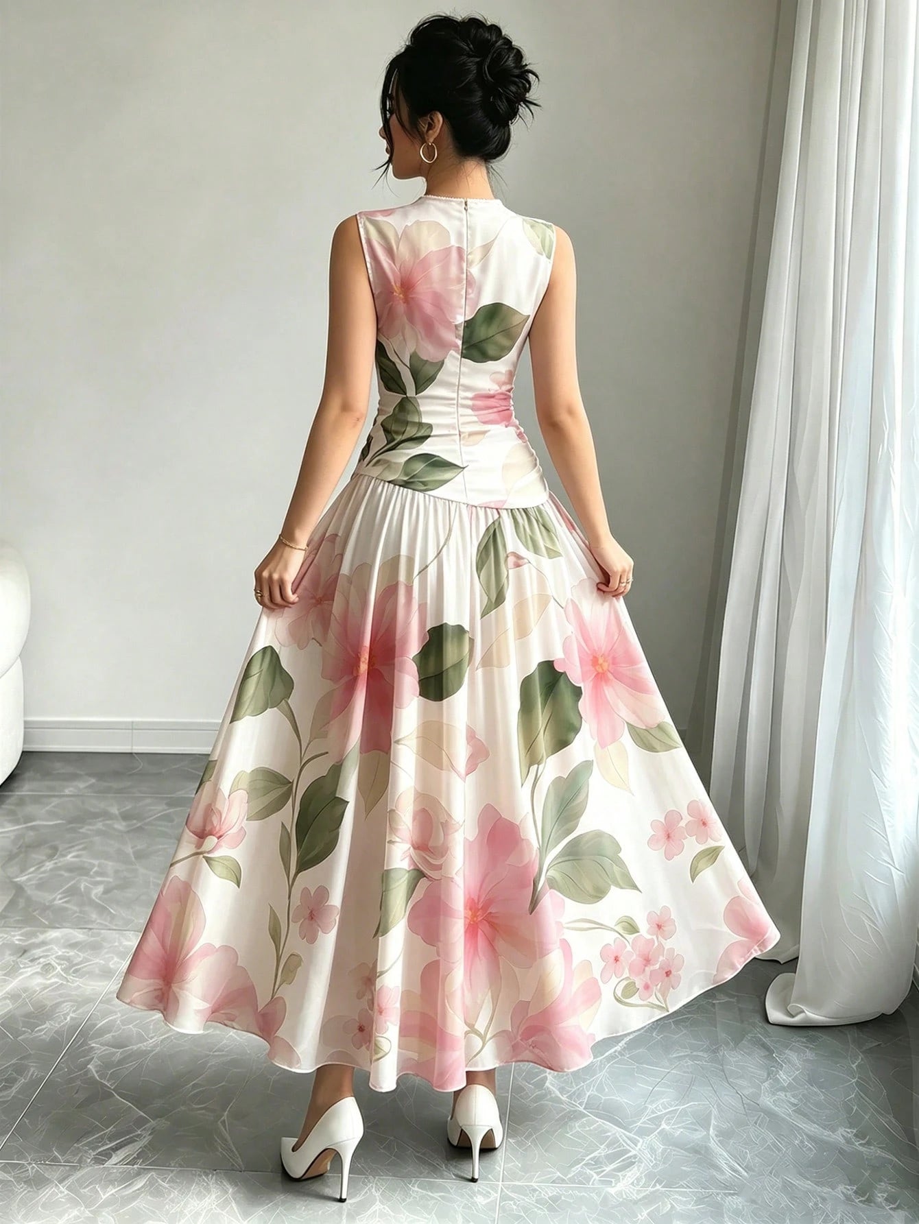 Modelyn Pink Floral Print French Style Sleeveless Maxi Dress, Women's Fashion Low-Cut Waist Cinched Long Dress, Ruched Waist Design, White Chiffon Floral Dress, Summer Vacation Outfit, Elegant Daily W