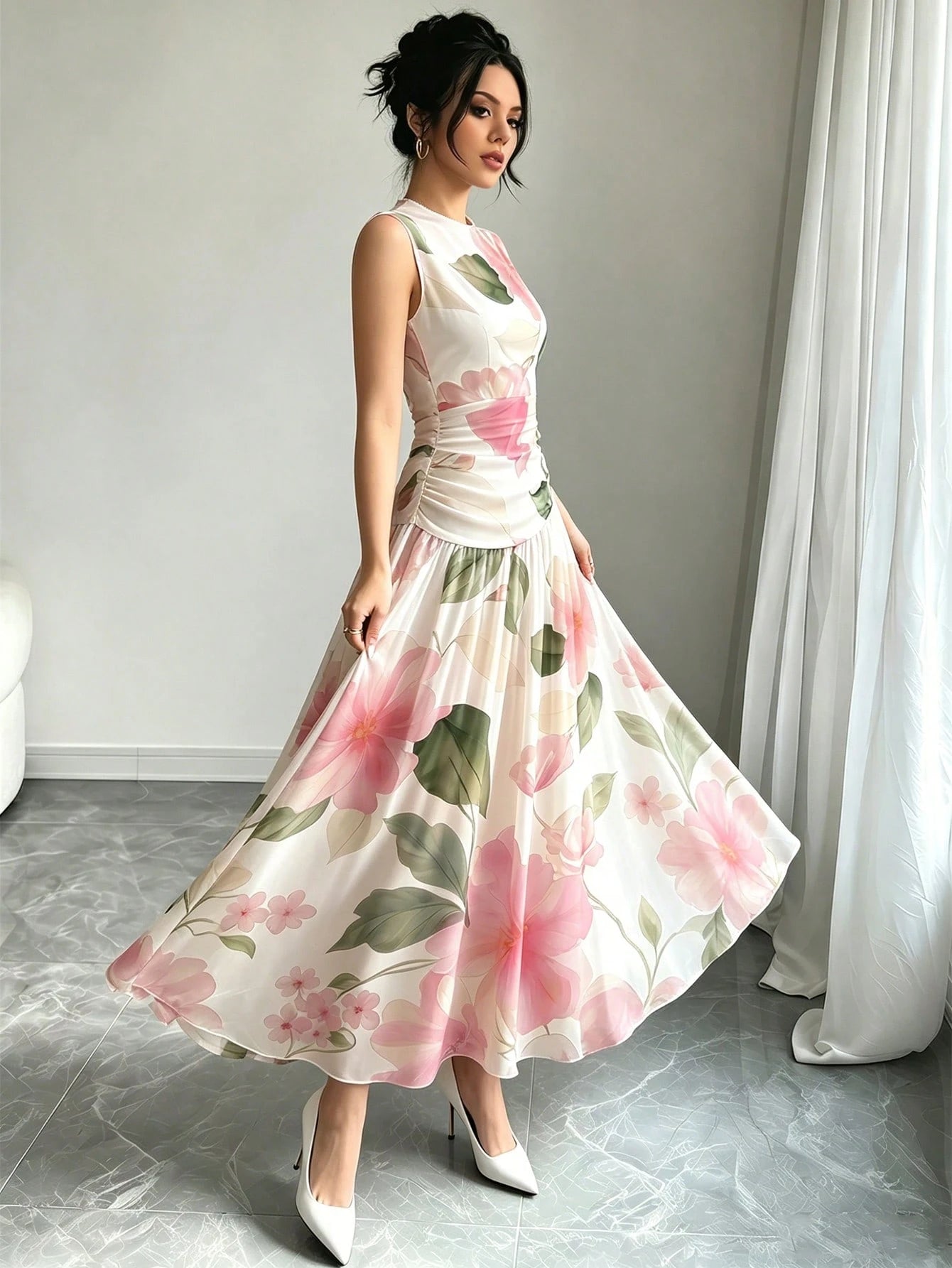Modelyn Pink Floral Print French Style Sleeveless Maxi Dress, Women's Fashion Low-Cut Waist Cinched Long Dress, Ruched Waist Design, White Chiffon Floral Dress, Summer Vacation Outfit, Elegant Daily W