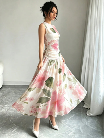 Modelyn Pink Floral Print French Style Sleeveless Maxi Dress, Women's Fashion Low-Cut Waist Cinched Long Dress, Ruched Waist Design, White Chiffon Floral Dress, Summer Vacation Outfit, Elegant Daily W
