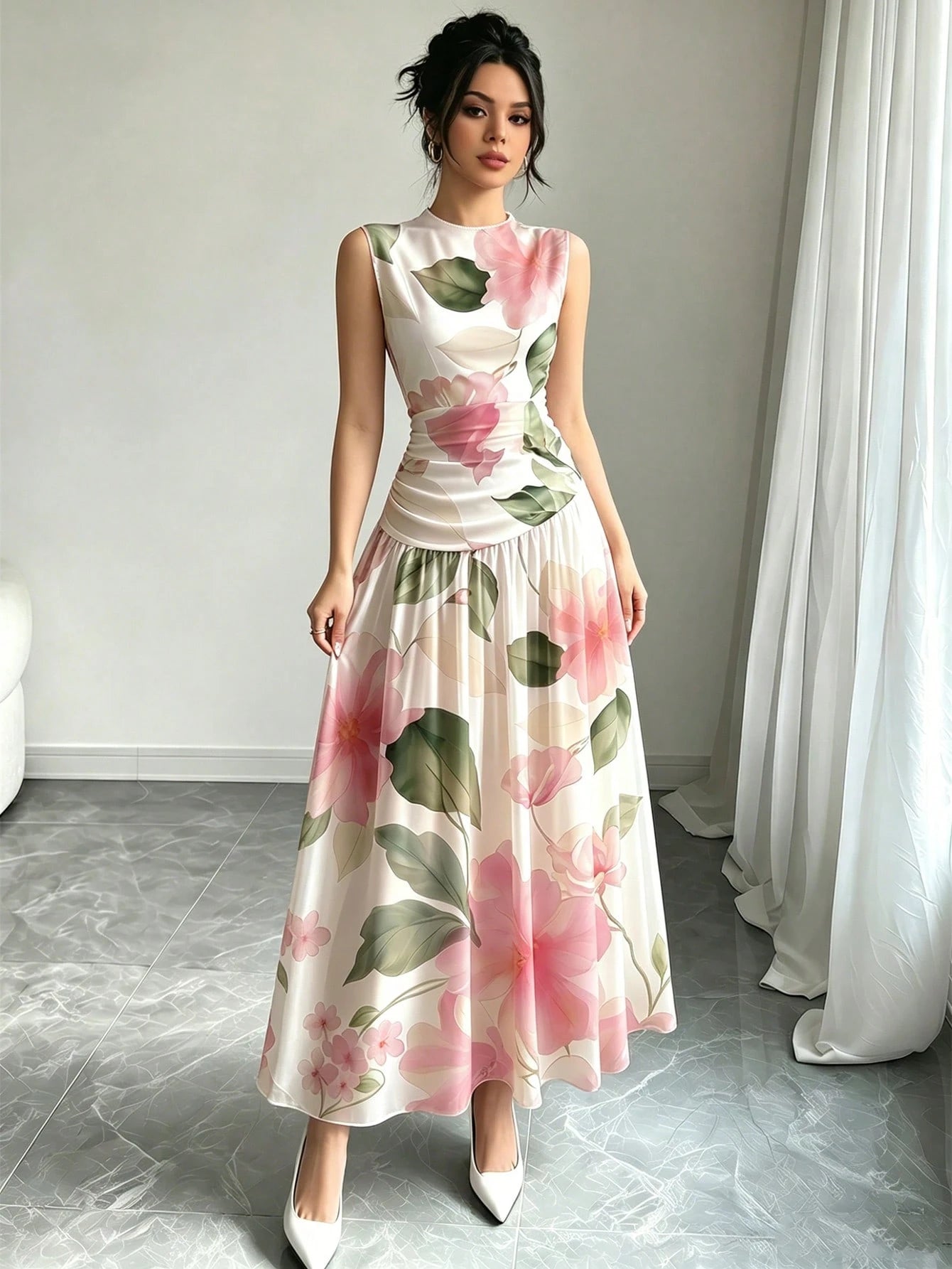 Modelyn Pink Floral Print French Style Sleeveless Maxi Dress, Women's Fashion Low-Cut Waist Cinched Long Dress, Ruched Waist Design, White Chiffon Floral Dress, Summer Vacation Outfit, Elegant Daily W