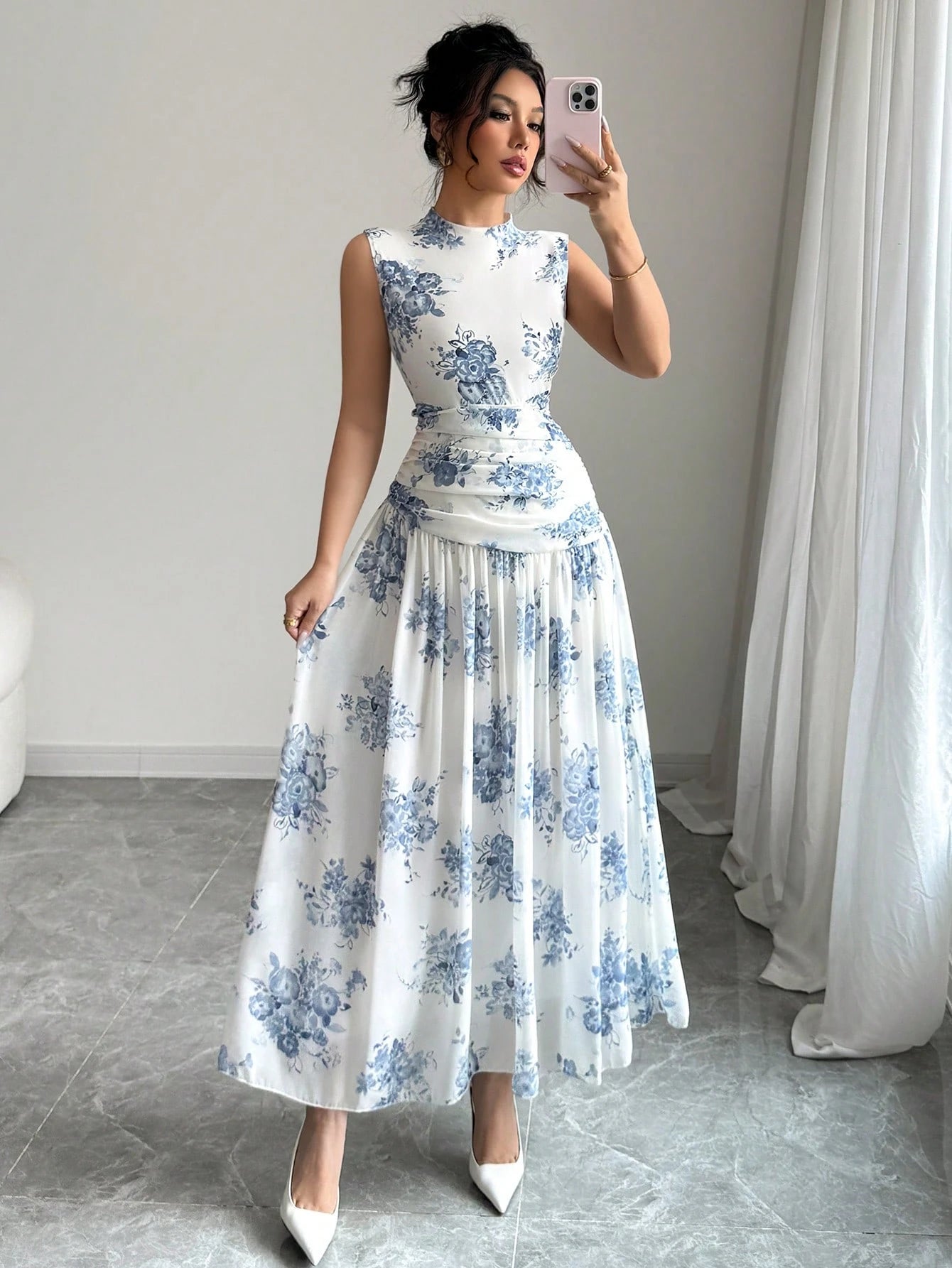 Modelyn Pink Floral Print French Style Sleeveless Maxi Dress, Women's Fashion Low-Cut Waist Cinched Long Dress, Ruched Waist Design, White Chiffon Floral Dress, Summer Vacation Outfit, Elegant Daily W