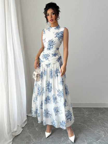 Modelyn Pink Floral Print French Style Sleeveless Maxi Dress, Women's Fashion Low-Cut Waist Cinched Long Dress, Ruched Waist Design, White Chiffon Floral Dress, Summer Vacation Outfit, Elegant Daily W