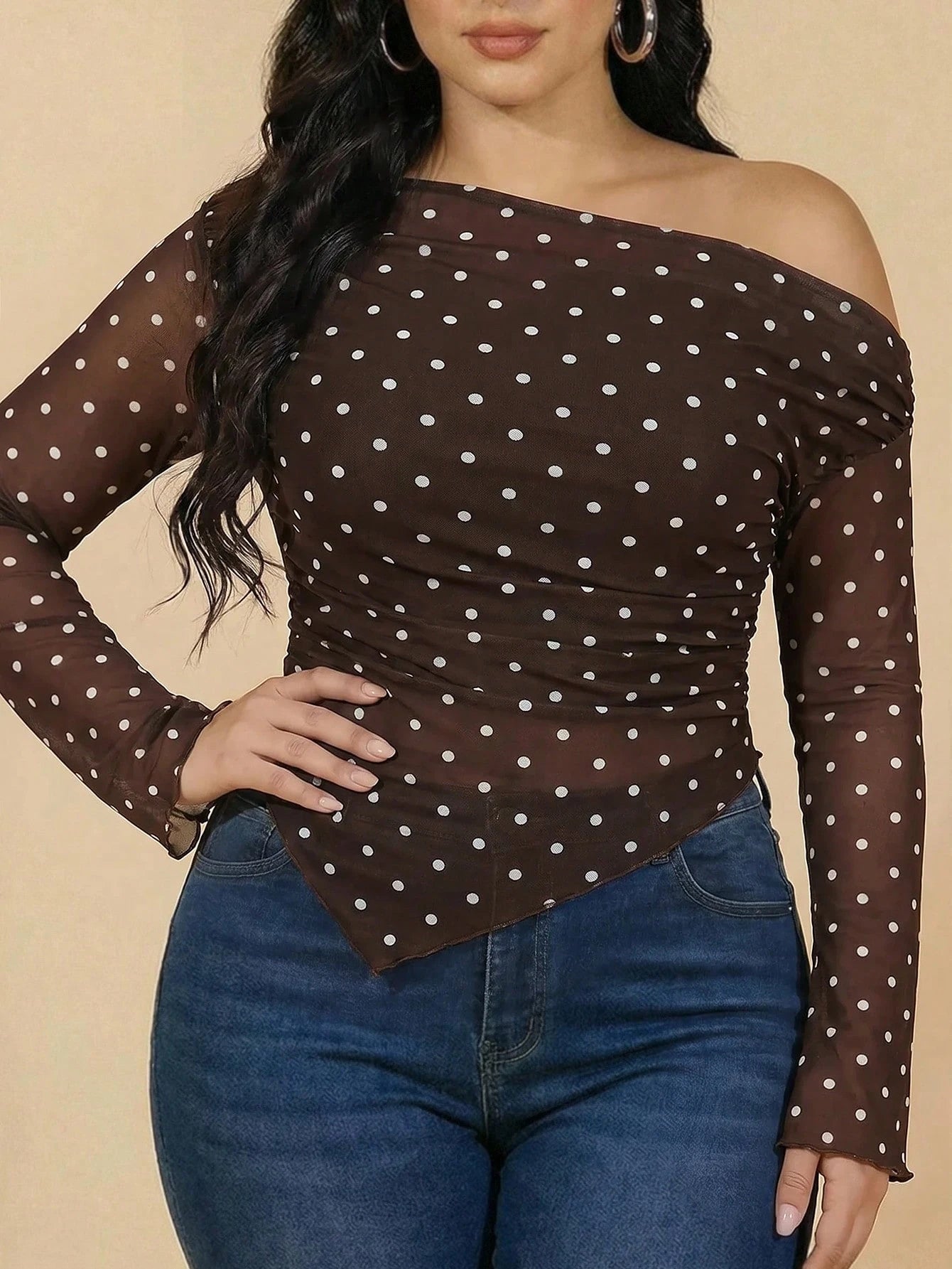 Modelyn Plus Size Polka Dot Print Asymmetric T-Shirt
