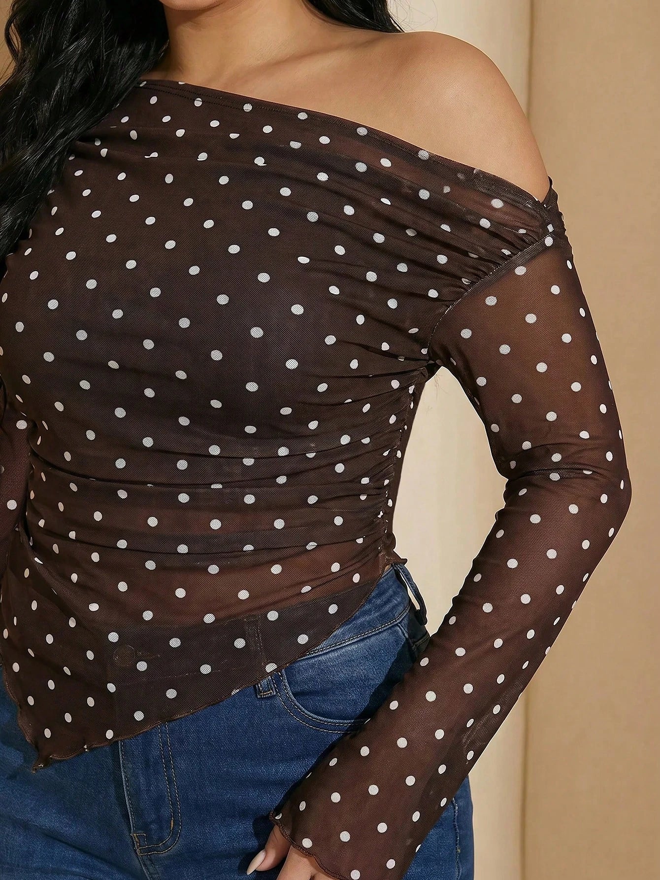 Modelyn Plus Size Polka Dot Print Asymmetric T-Shirt