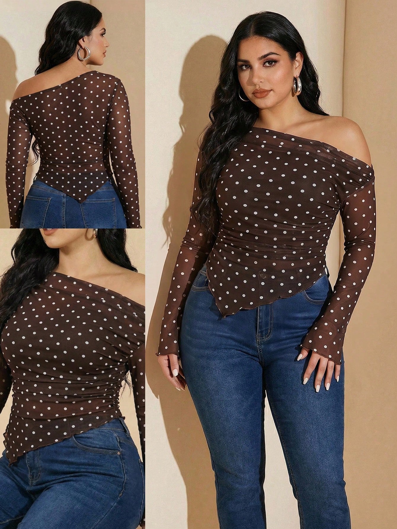 Modelyn Plus Size Polka Dot Print Asymmetric T-Shirt