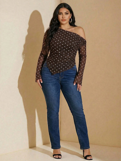 Modelyn Plus Size Polka Dot Print Asymmetric T-Shirt