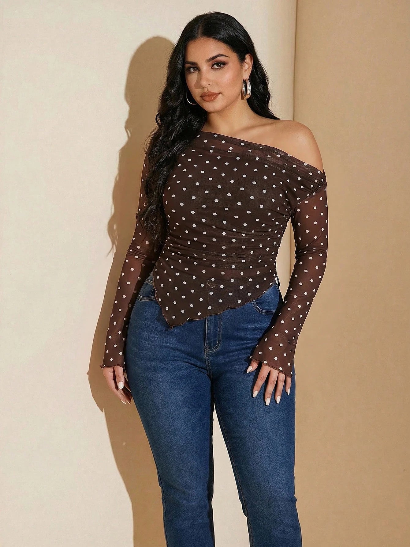 Modelyn Plus Size Polka Dot Print Asymmetric T-Shirt