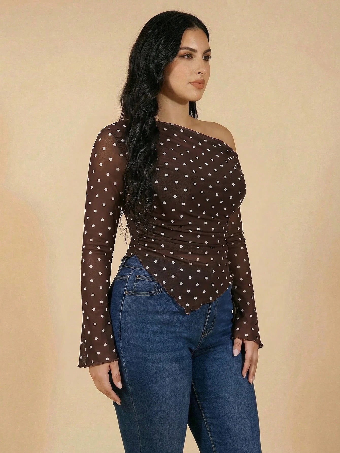 Modelyn Plus Size Polka Dot Print Asymmetric T-Shirt
