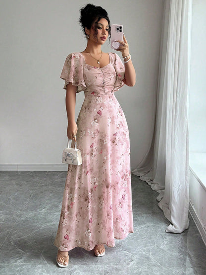 Modelyn Women's Chiffon Butterfly Print Batwing Sleeve Pleated Sweet French Style Summer Dress