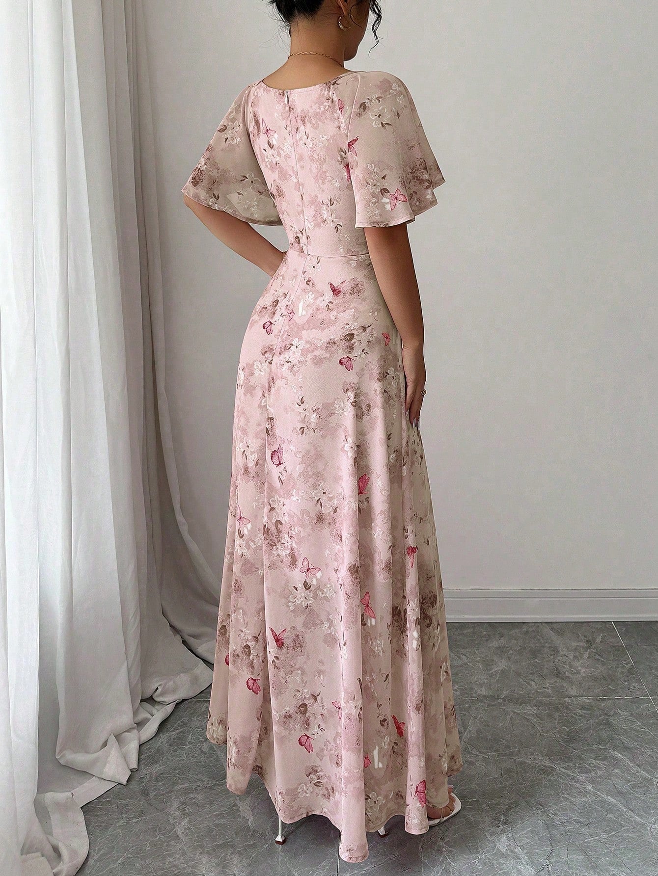 Modelyn Women's Chiffon Butterfly Print Batwing Sleeve Pleated Sweet French Style Summer Dress