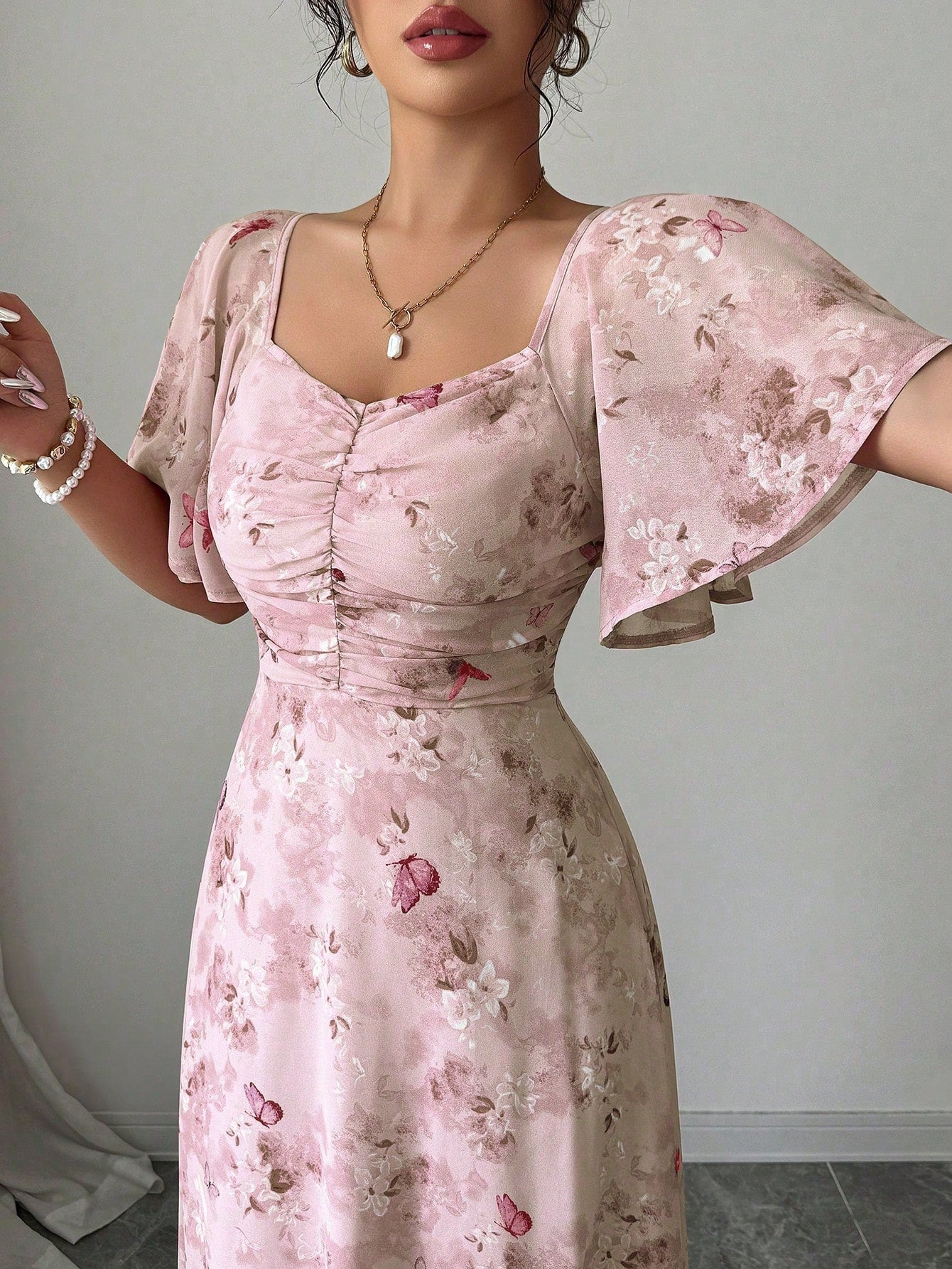 Modelyn Women's Chiffon Butterfly Print Batwing Sleeve Pleated Sweet French Style Summer Dress