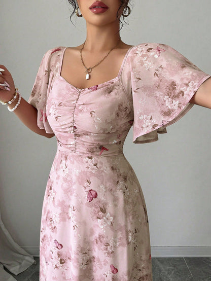 Modelyn Women's Chiffon Butterfly Print Batwing Sleeve Pleated Sweet French Style Summer Dress