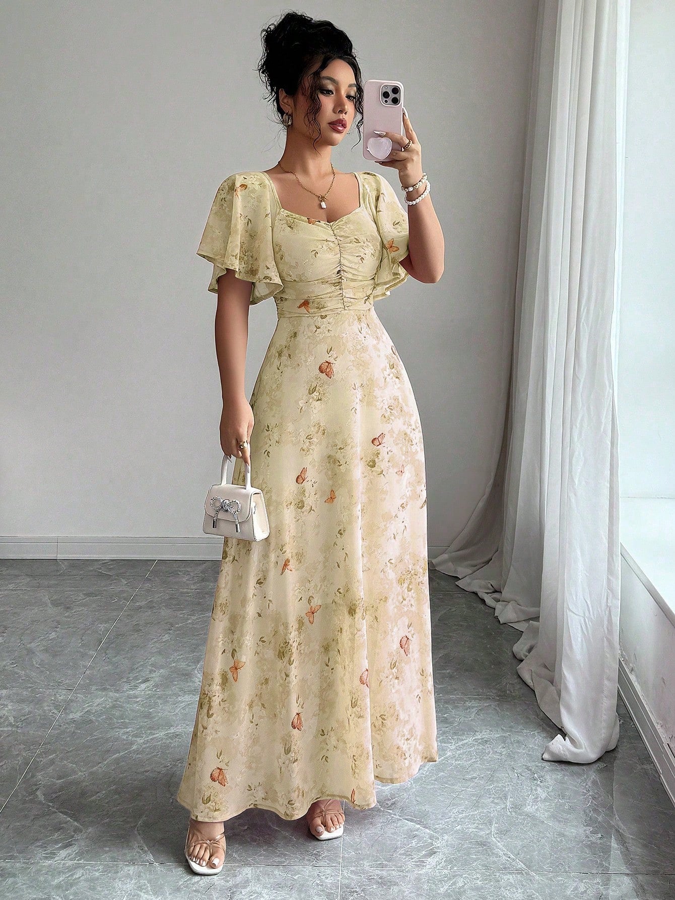 Modelyn Women's Chiffon Butterfly Print Batwing Sleeve Pleated Sweet French Style Summer Dress