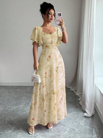 Modelyn Women's Chiffon Butterfly Print Batwing Sleeve Pleated Sweet French Style Summer Dress