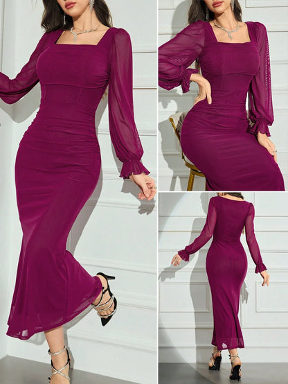 Modelyn Women's Solid Color V-Neck Long Sleeve Pleated Slim Fit Dress