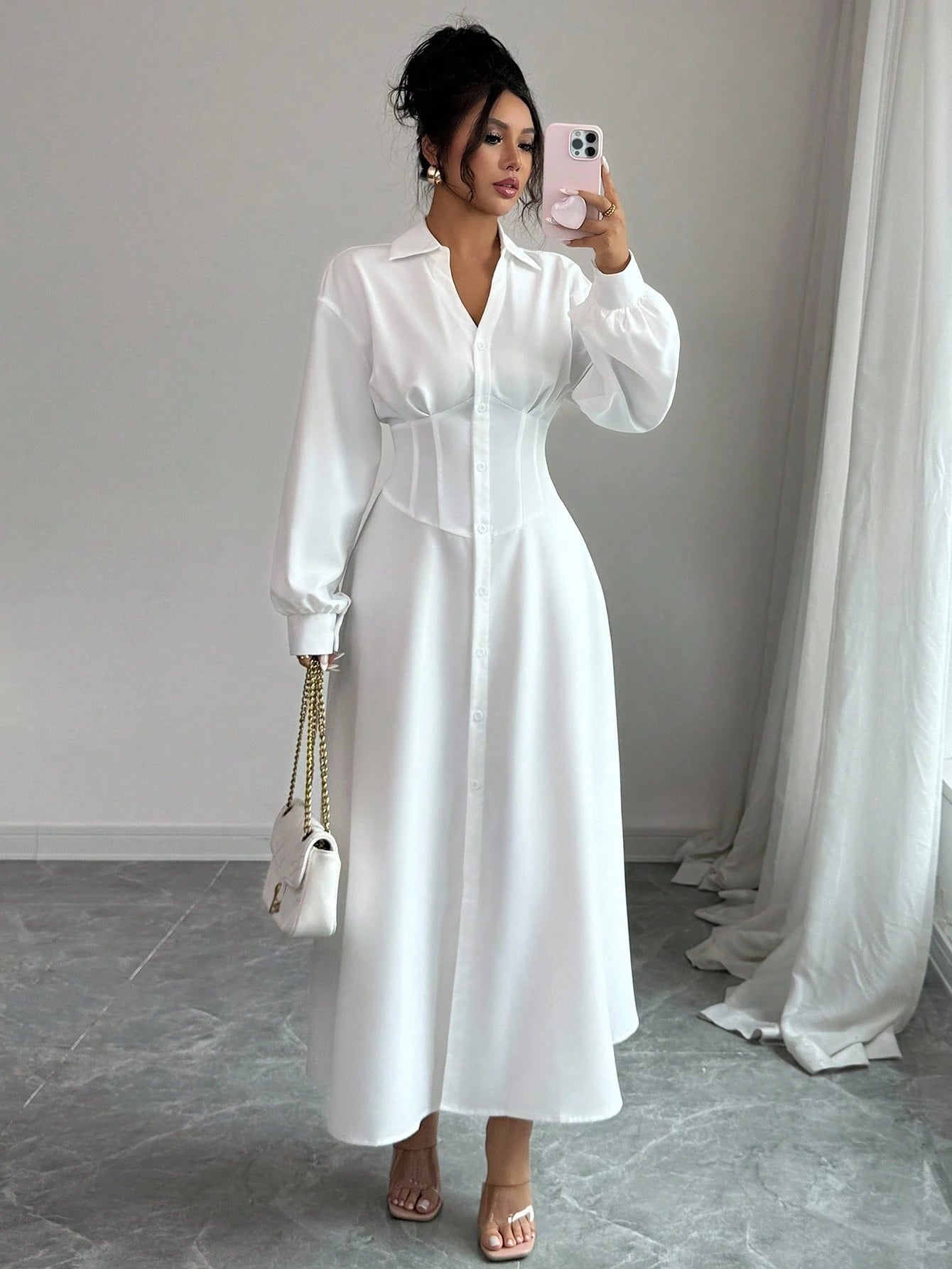 Modelyn Women's White Waist-Defining Shirt Collar Long Dress Fall Cloth For Women