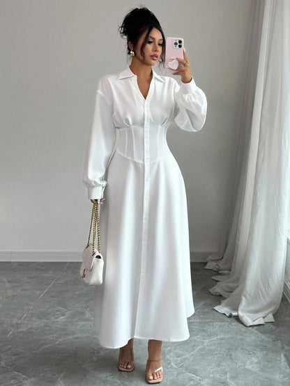 Modelyn Women's White Waist-Defining Shirt Collar Long Dress Fall Cloth For Women
