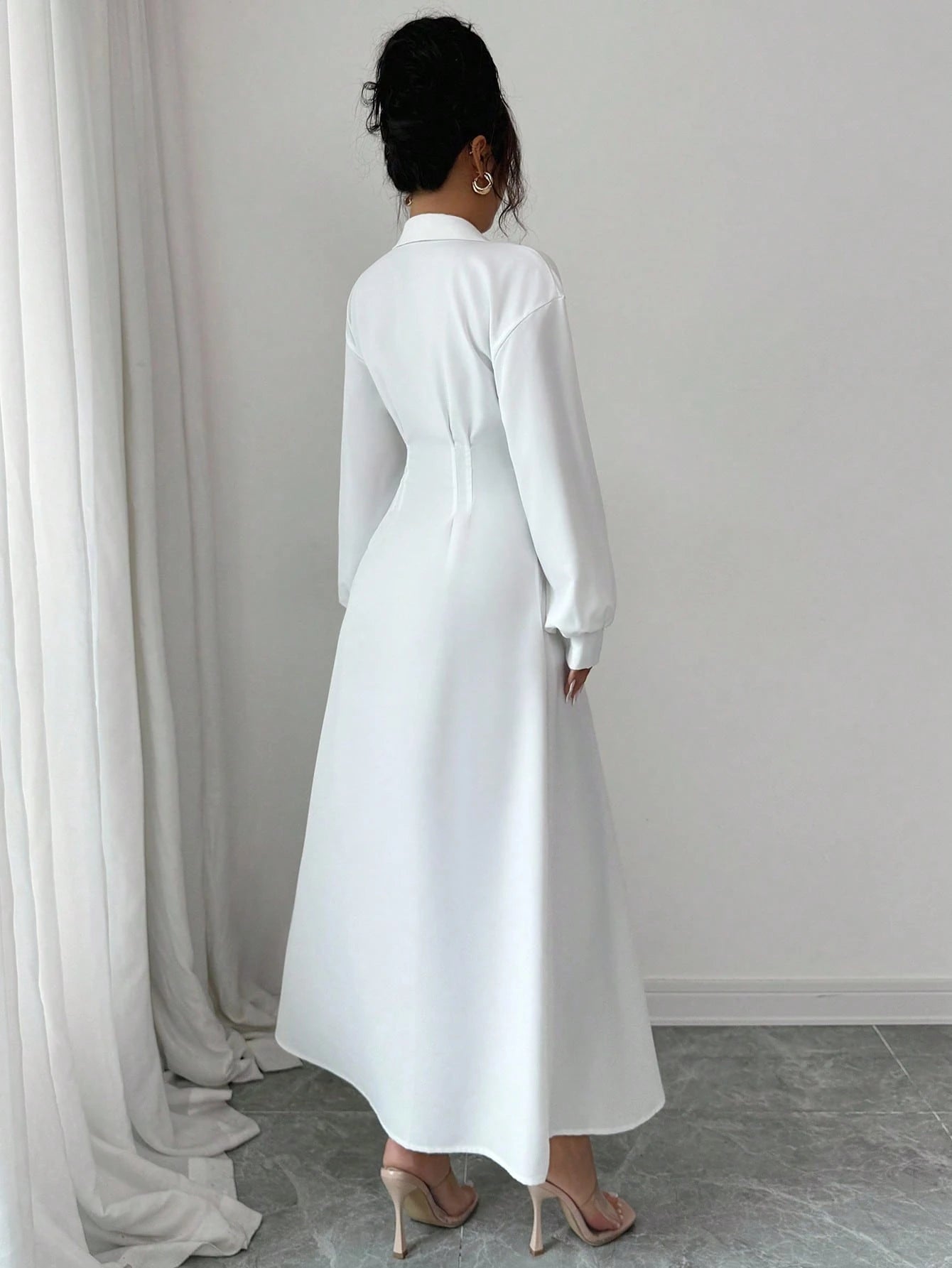Modelyn Women's White Waist-Defining Shirt Collar Long Dress Fall Cloth For Women