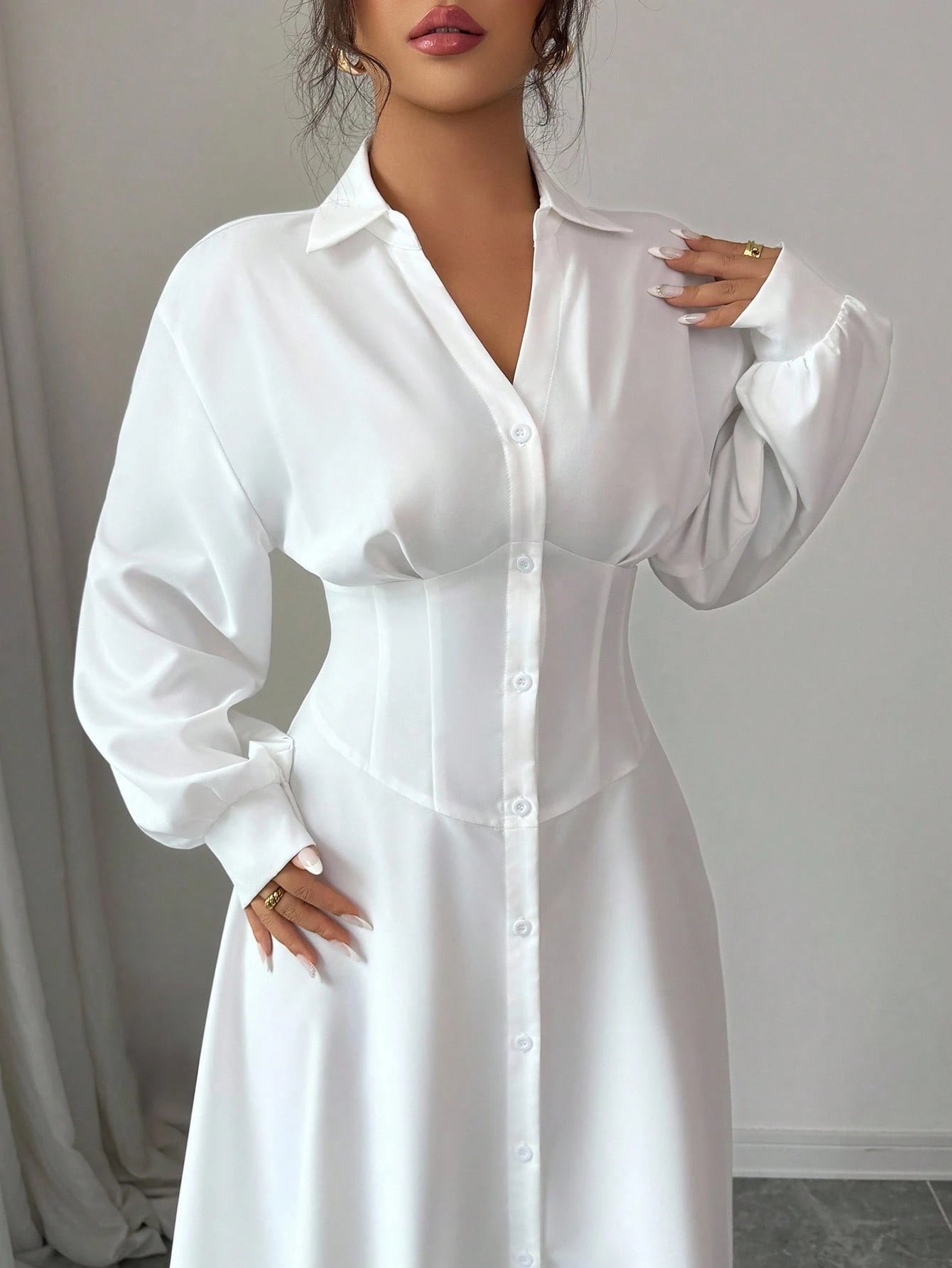 Modelyn Women's White Waist-Defining Shirt Collar Long Dress Fall Cloth For Women