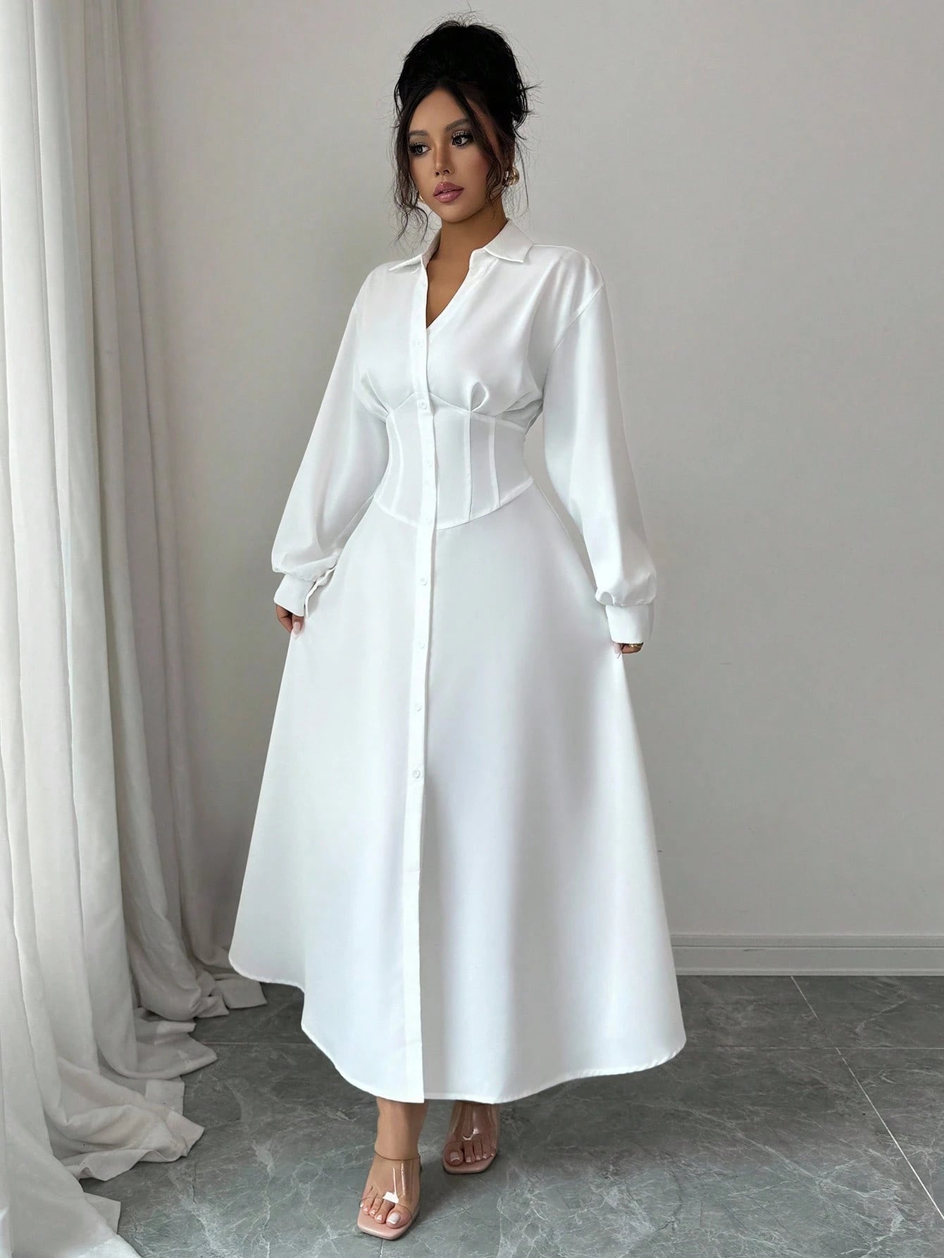 Modelyn Women's White Waist-Defining Shirt Collar Long Dress Fall Cloth For Women