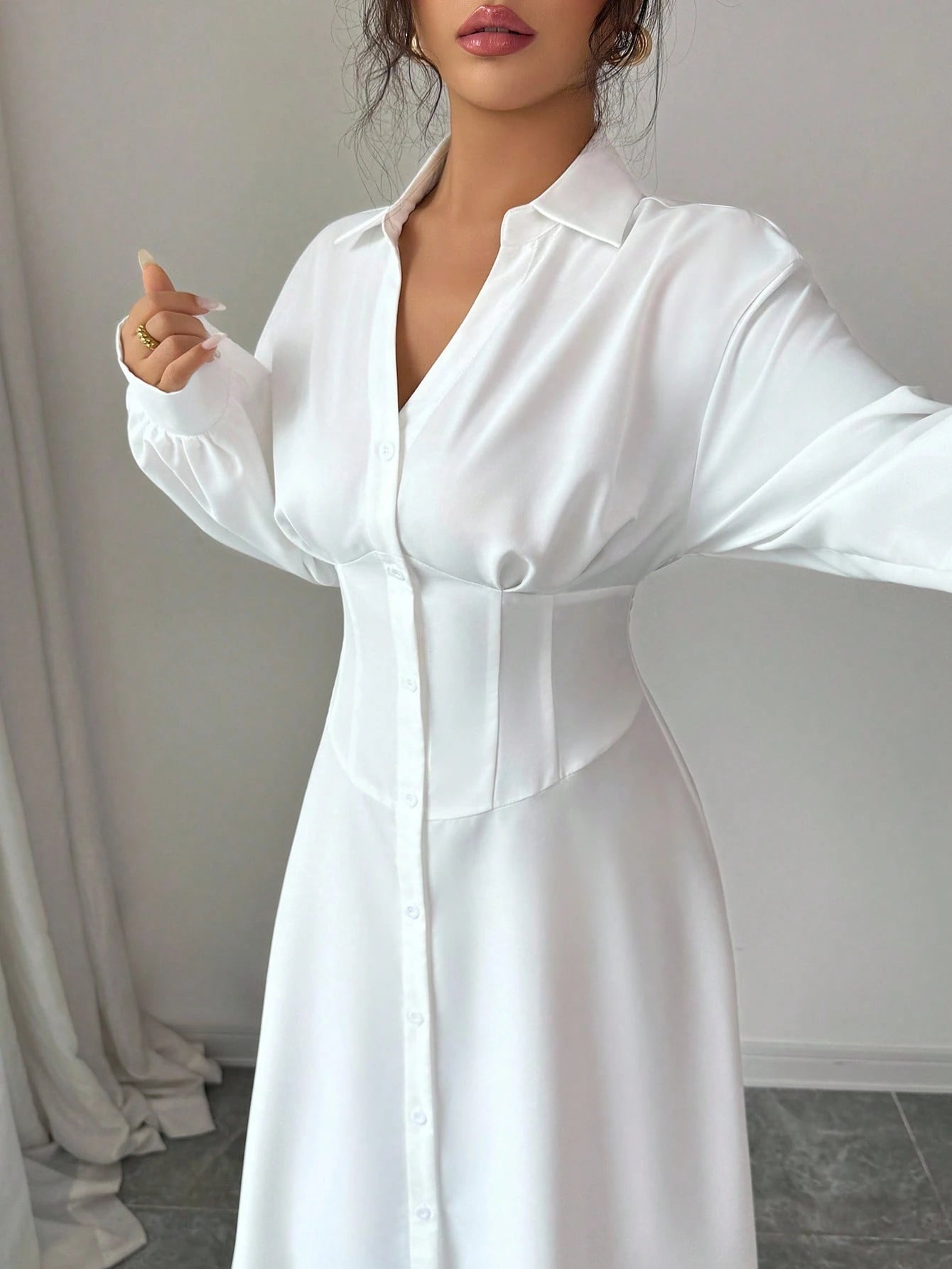 Modelyn Women's White Waist-Defining Shirt Collar Long Dress Fall Cloth For Women