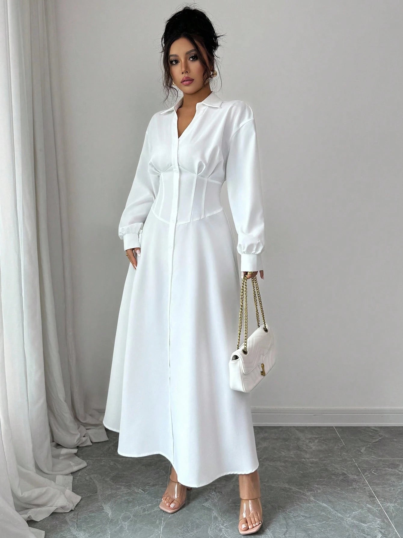 Modelyn Women's White Waist-Defining Shirt Collar Long Dress Fall Cloth For Women