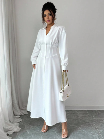Modelyn Women's White Waist-Defining Shirt Collar Long Dress Fall Cloth For Women