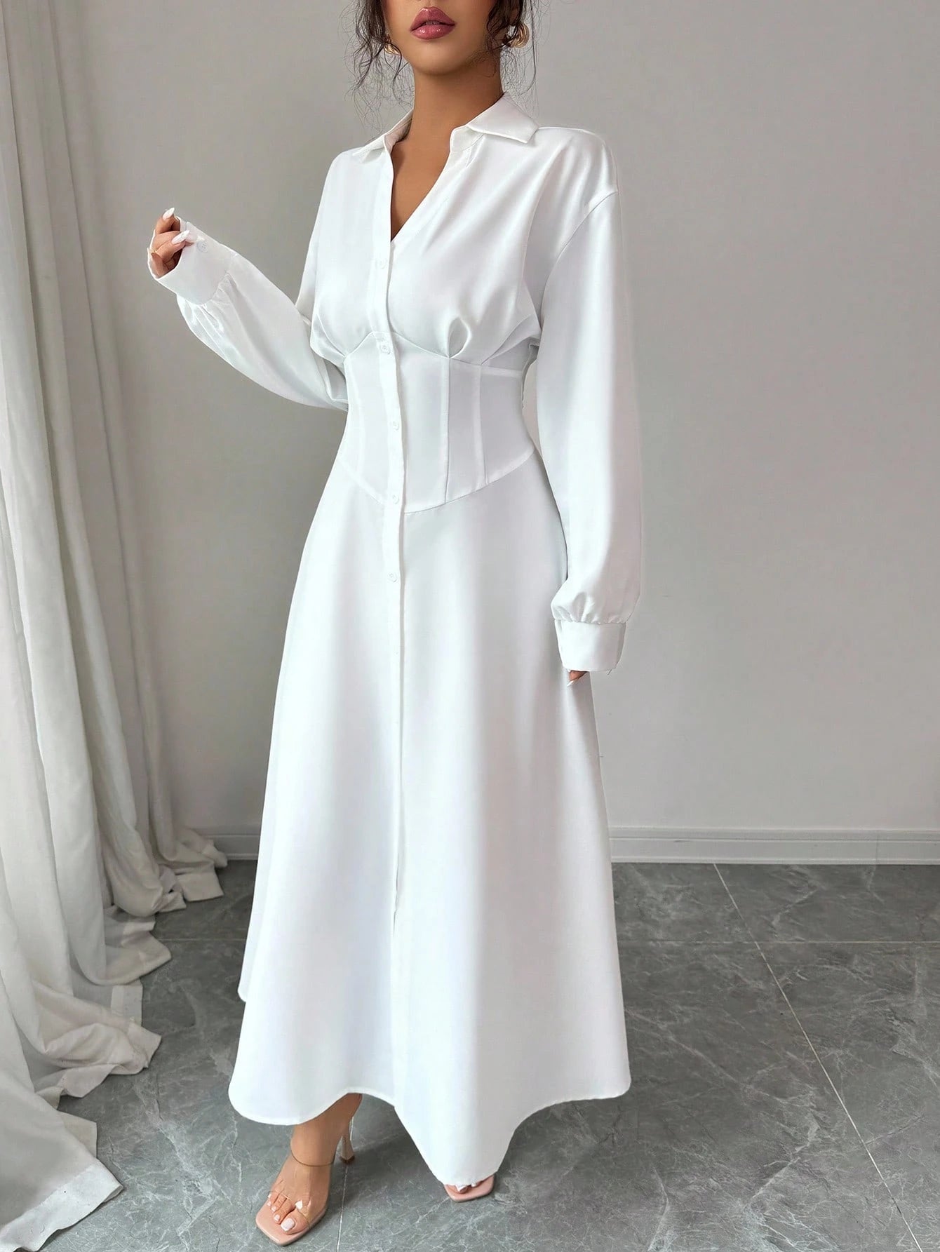 Modelyn Women's White Waist-Defining Shirt Collar Long Dress Fall Cloth For Women