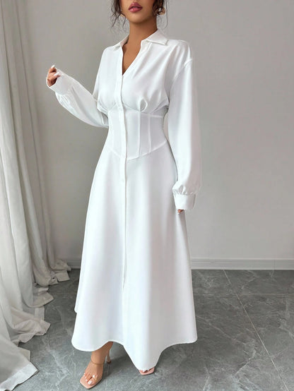 Modelyn Women's White Waist-Defining Shirt Collar Long Dress Fall Cloth For Women