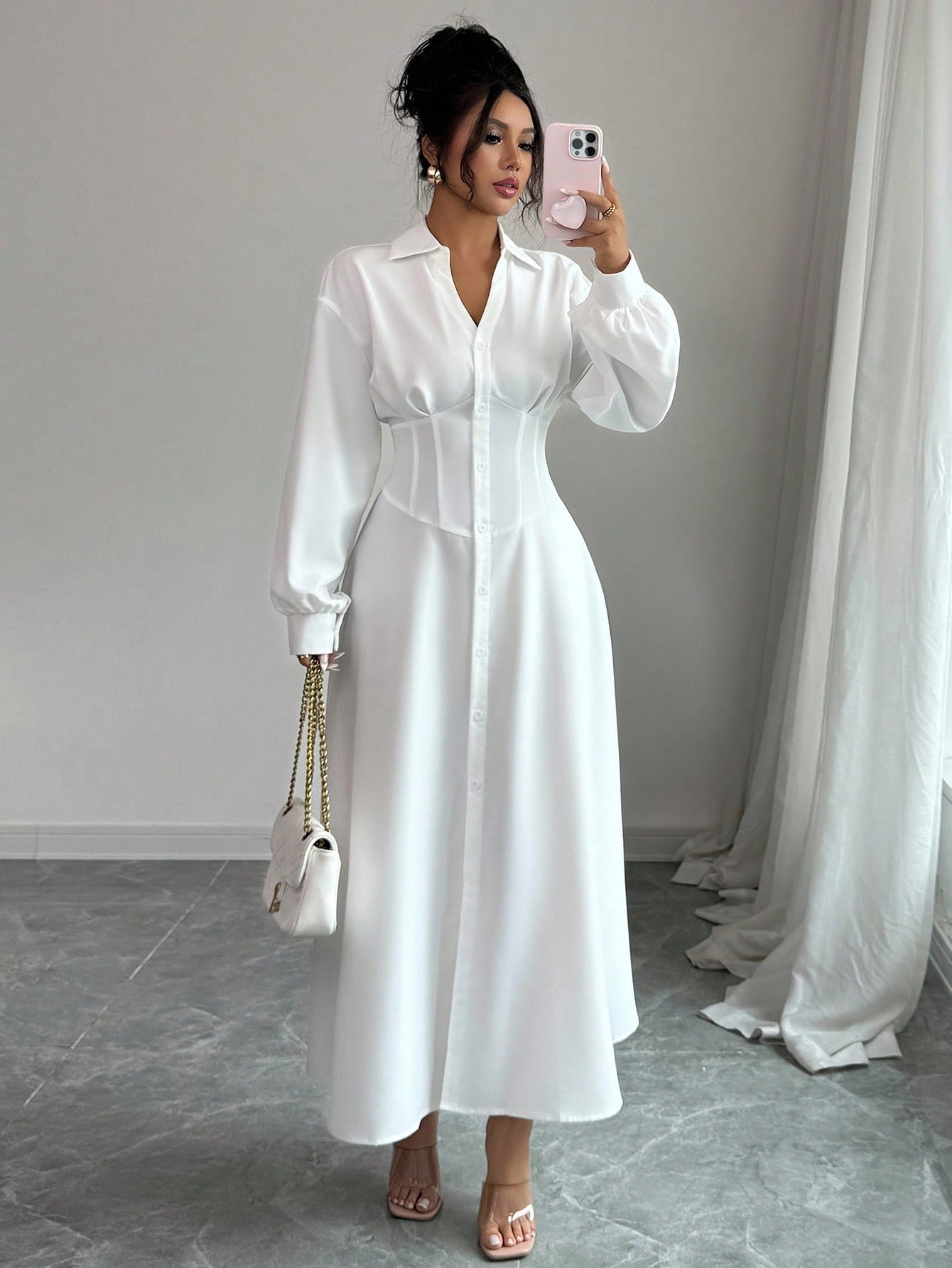 Modelyn Women's White Waist-Defining Shirt Collar Long Dress Fall Cloth For Women