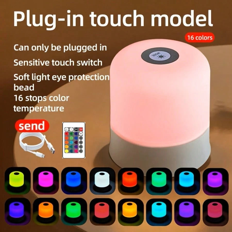 Modern Touch LED Bedside Lamp, 16 Colors, 3 Modes, USB Powered, Rechargeable Lithium Battery, Remote Control, Suitable For Bedroom, Living Room And Camping