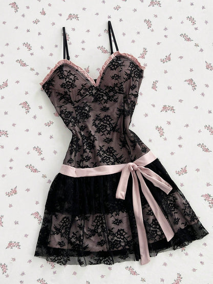 Mori Grove Mori Grove Women's Sexy Lace Sweet Mini Dress With Bow Tie, Suitable For Spring/Summer Daily Wear