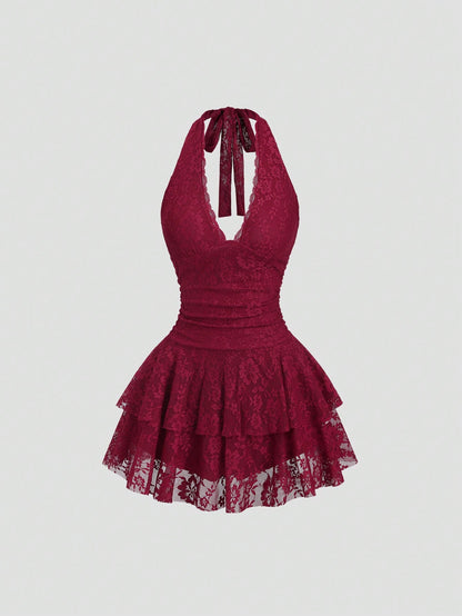 Mori Grove Mori Grove Women's Sexy Lace Sweet Mini Dress With Bow Tie, Suitable For Spring/Summer Daily Wear