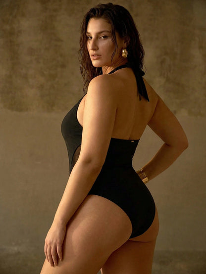 MOTF PREMIUM ELEGANT MINIMALIST MESH SPLICE HALTER PLUS SIZE WOMEN ONE-PIECE SWIMSUIT FOR BEACH VACATION