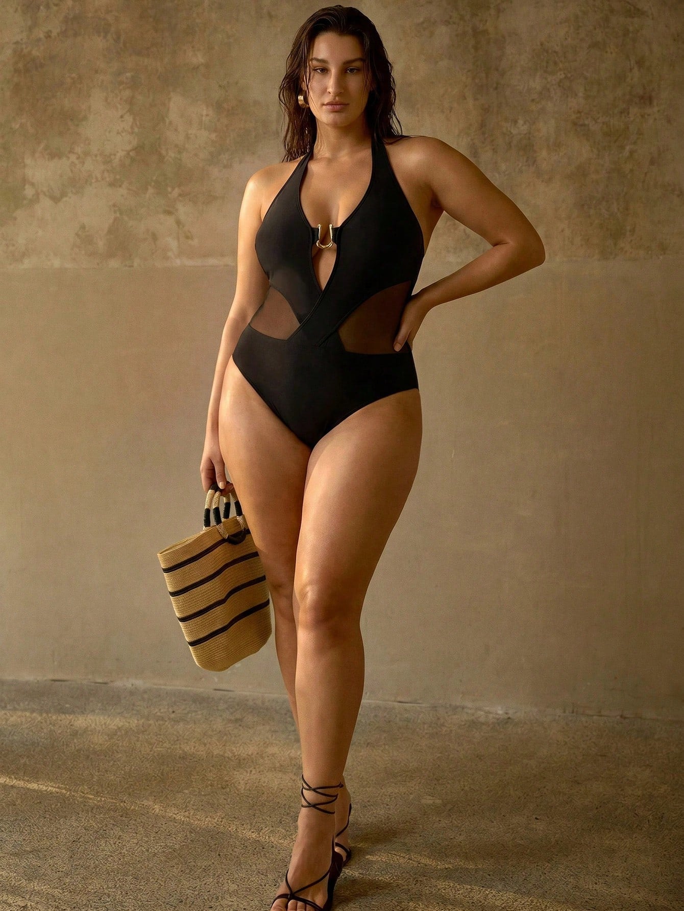 MOTF PREMIUM ELEGANT MINIMALIST MESH SPLICE HALTER PLUS SIZE WOMEN ONE-PIECE SWIMSUIT FOR BEACH VACATION