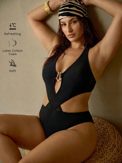 MOTF PREMIUM ELEGANT MINIMALIST MESH SPLICE HALTER PLUS SIZE WOMEN ONE-PIECE SWIMSUIT FOR BEACH VACATION