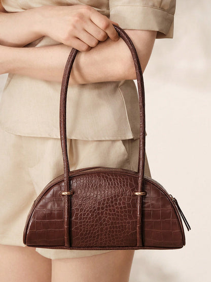 MOTF WOMEN'S FASHION RETRO BROWN CROCODILE PATTERN SHOULDER BAG, SIMPLE AND CHIC HALF-MOON BAG, FOR DAILY, COMMUTING, SHOPPING, TRAVEL, FESTIVALS