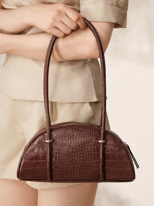 MOTF WOMEN'S FASHION RETRO BROWN CROCODILE PATTERN SHOULDER BAG, SIMPLE AND CHIC HALF-MOON BAG, FOR DAILY, COMMUTING, SHOPPING, TRAVEL, FESTIVALS