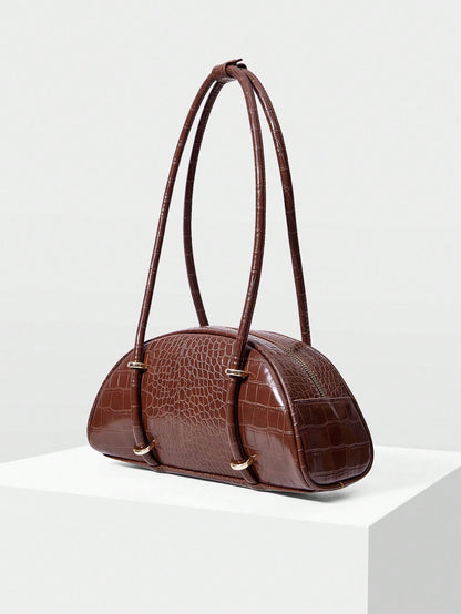 MOTF WOMEN'S FASHION RETRO BROWN CROCODILE PATTERN SHOULDER BAG, SIMPLE AND CHIC HALF-MOON BAG, FOR DAILY, COMMUTING, SHOPPING, TRAVEL, FESTIVALS