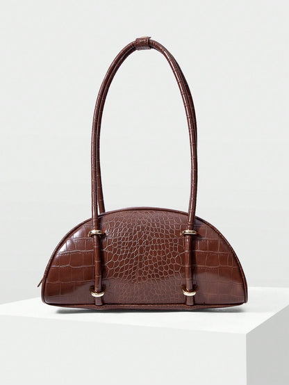 MOTF WOMEN'S FASHION RETRO BROWN CROCODILE PATTERN SHOULDER BAG, SIMPLE AND CHIC HALF-MOON BAG, FOR DAILY, COMMUTING, SHOPPING, TRAVEL, FESTIVALS