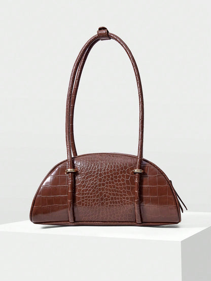 MOTF WOMEN'S FASHION RETRO BROWN CROCODILE PATTERN SHOULDER BAG, SIMPLE AND CHIC HALF-MOON BAG, FOR DAILY, COMMUTING, SHOPPING, TRAVEL, FESTIVALS