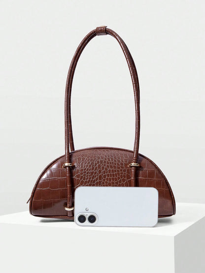 MOTF WOMEN'S FASHION RETRO BROWN CROCODILE PATTERN SHOULDER BAG, SIMPLE AND CHIC HALF-MOON BAG, FOR DAILY, COMMUTING, SHOPPING, TRAVEL, FESTIVALS