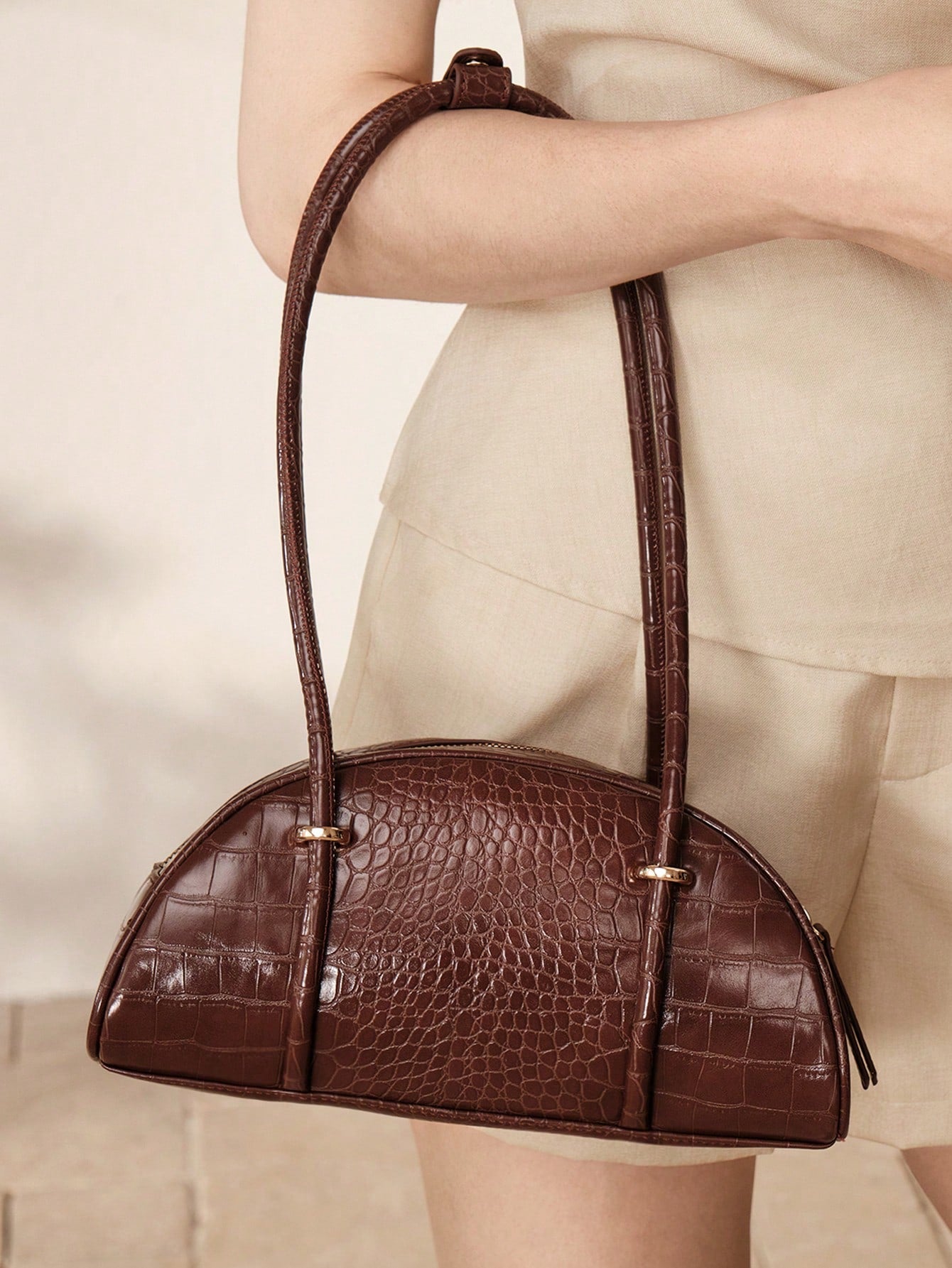 MOTF WOMEN'S FASHION RETRO BROWN CROCODILE PATTERN SHOULDER BAG, SIMPLE AND CHIC HALF-MOON BAG, FOR DAILY, COMMUTING, SHOPPING, TRAVEL, FESTIVALS