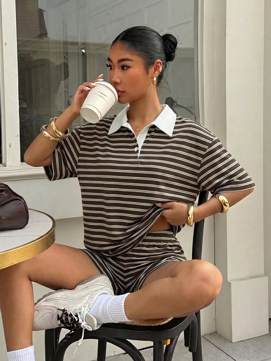 Muchica Women's Brown Striped Striped Stripe Striped Knit Set, Summer Outfit Retro Outfits For Ootd Aesthetic Casual Ytk Clothes Back-To-School Brunch Travel