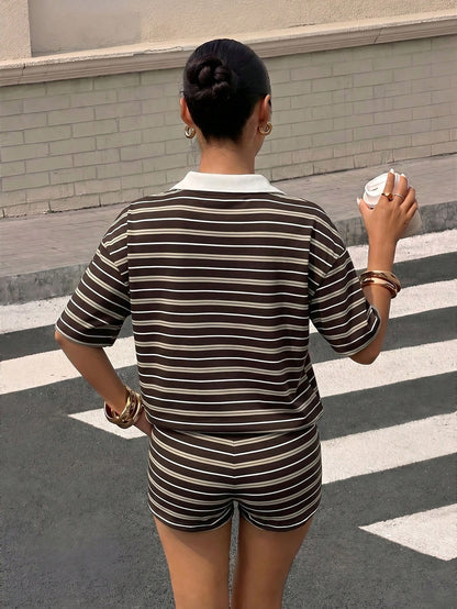Muchica Women's Brown Striped Striped Stripe Striped Knit Set, Summer Outfit Retro Outfits For Ootd Aesthetic Casual Ytk Clothes Back-To-School Brunch Travel
